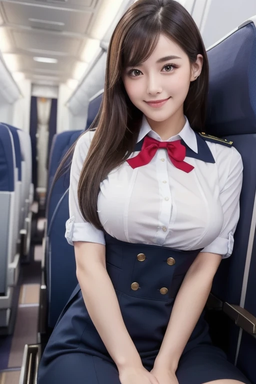 Best quality, masterpiece, 8k, ultra high resolution, (Realistic: 1.4), 1 girl, beautiful face, symmetrical eyes, big, perfect body, stewardess uniform, viewer's gaze, (In airplane: 1.2), sitting on seat, shoulder jump, (Absolute territory: 1.3), crotch mirror, big breasts, smiling. ((Upper Body: 1.3)),