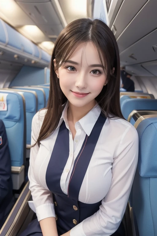 top-quality, masterpiece, 8K, 超A high resolution, (Photorealsitic:1.4), 1girl in、Beautiful face、symmetrical eye、Colossal 、Perfect body proportion、Stewardess uniform、Look at viewers、(Inside the plane:1.2)、front-facing view、Shoulder、Absolute area(1.3)、A smile erotic sucking on a penis blow job nude