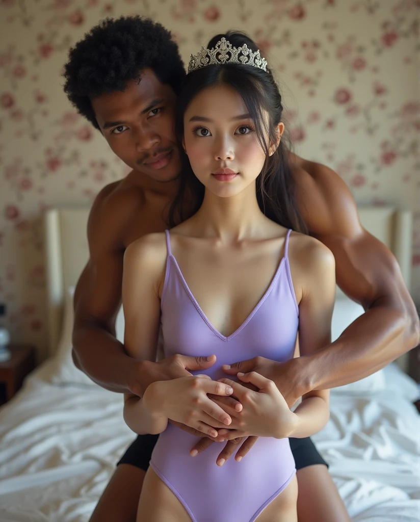 (xlsanaa, dark skin, kenyan, Style-Princess) (1 man, 1 catgirl) (hetero, couple) (crossdressing, fully clothed) (brown hair, blue eyes) (portrait) (women's clothes only) (women's beautifully feminine skintight velvet floral print frilly girly pink adorable ballet leotards) (white opaque tights, no shoes) (tiaras, pink shoulder-length silk gloves:1.3) (woman's bedroom, four-poster bed) (lying down, hugging, bending knee) (intimacy, playfulness, closeness)