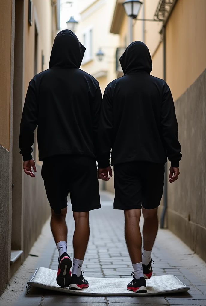 with black headscarf, black baggy sweatpants, white long sleeve t shirt, barefoot, Sexy skinny woman. Man kissing woman with her back against the wall on the street. Another man touches a woman&#39;s buttocks from behind. 