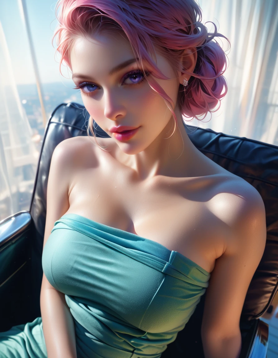 best quality, ultra high res, (photorealistic:1.4), (detailed beautiful girl:1.4), (medium breasts:0.8), looking_at_viewer, Detailed facial details, beautiful detailed eyes,pink hair, blue eyes, slender, haunting smile, (makeup:0.3), red lips, highly detailed clothes, (ulzzang-6500-v1.1:0.3), going to the gym