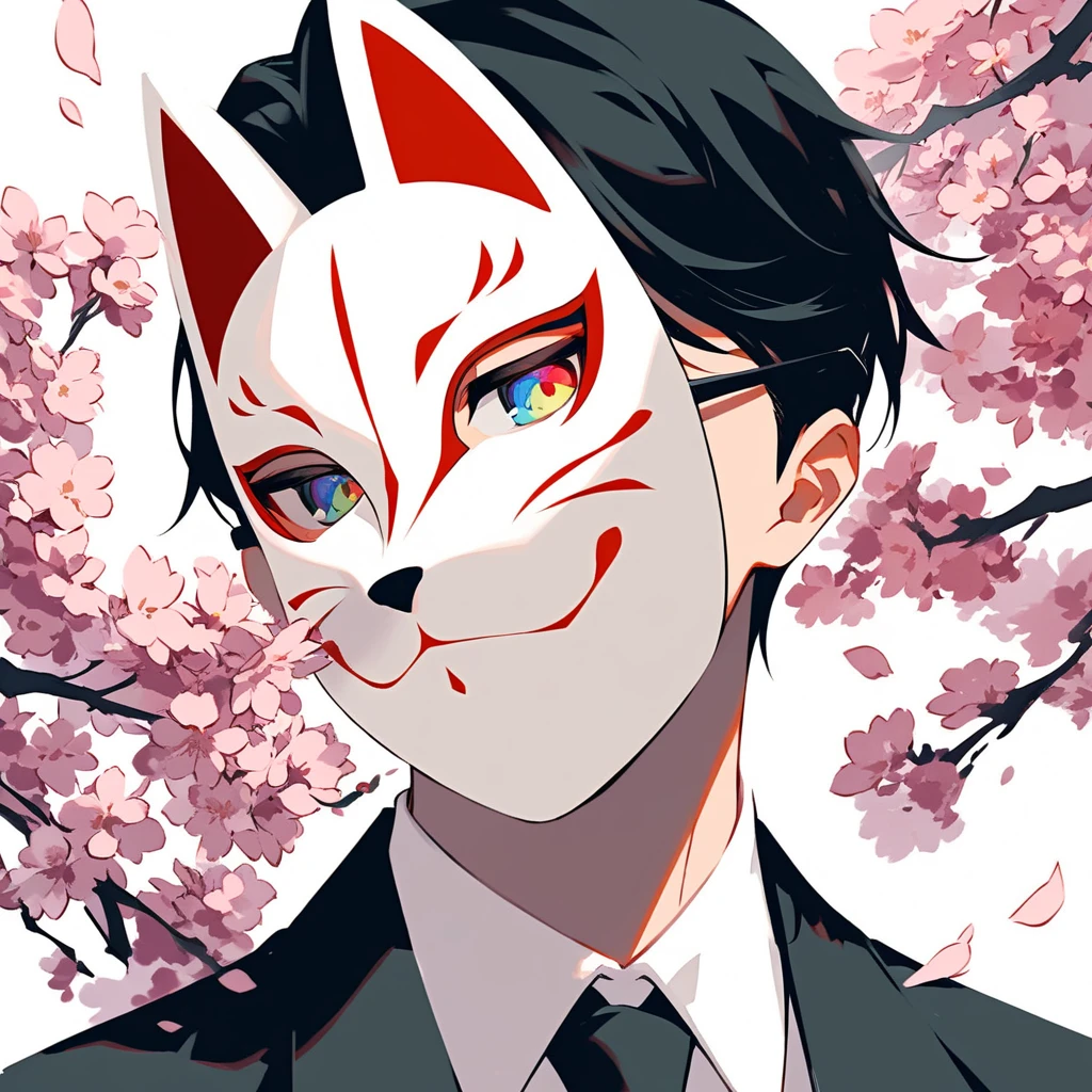 1boy, solo, portrait, black hair, swept bangs, rimless eyewear, black necktie, black jacket, white shirt, fox mask, cover your face with a mask, cherry blossoms, white fox on the background, half-closed eyes, contrast, professional quality, high resolution, high quality, [[multicolored eyes<reflection]], [[multicolored eyes<glass-like watercolor painting]], delicate writing,