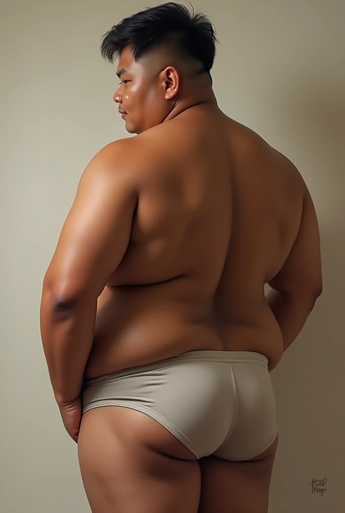 an extremely overweight, muscular and very hairy black old naked man walks backwards in a white room. He is depicted completely from head to toe and seen from the side. He looks very unkempt. It looks very realistic.