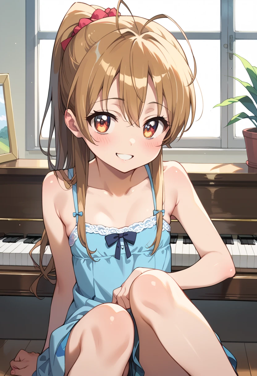 (( best quality )), ((masterpiece)), (be familiar with),  Perfect Face, indoor, bedroom,  Watching Viewers ,
One woman, Miyamoto Rei,
開いた口,  ecstatic expression beside the piano, blush, smile,
 small ,  flat chest, Young girl, Lori,  ****,  girl,
 long hair,  ponytail,
Leg spread,