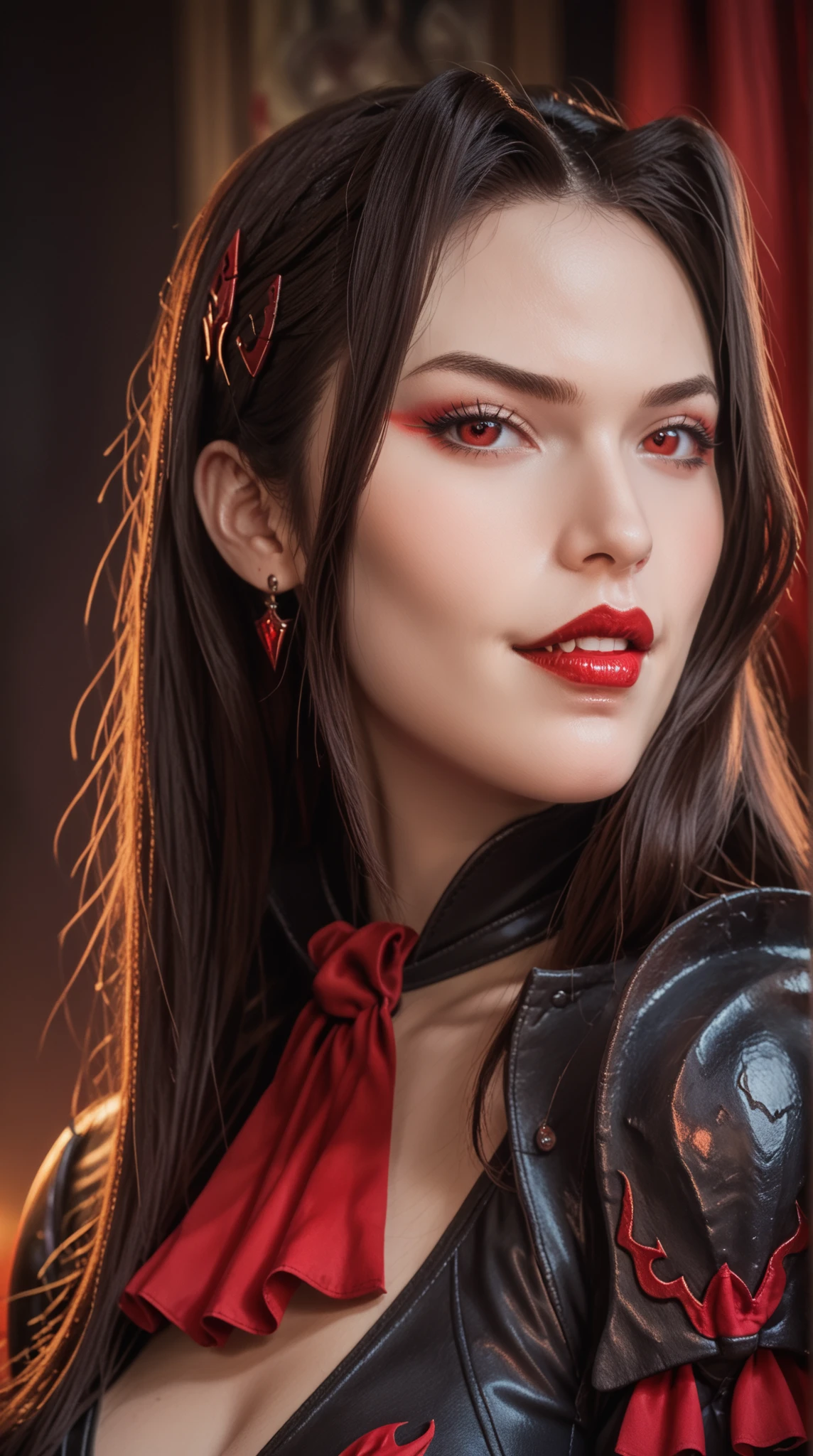 Fantasy Age ， dark background，devil girl， long hair, red eyes， Devil's Corner ,  Exquisite cheeks ，  Evil Emotions ， Wearing Black Tight Combat Outfits，masterpiece, 