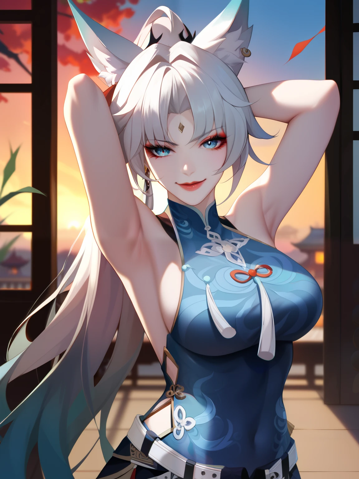 (highres, high quality:1.2), intricate details, cinematic lighting, sharp focus, depth of field,
Feixiao honkai star rail, 1girl, mature female, (white-skinned female:1.1), white skin, standing, arms behind head, armpits, cowboy shot, looking at viewer, china town, sunset,
determined, smirking, hair intakes, makeup, lipstick, eyelashes, detailed face