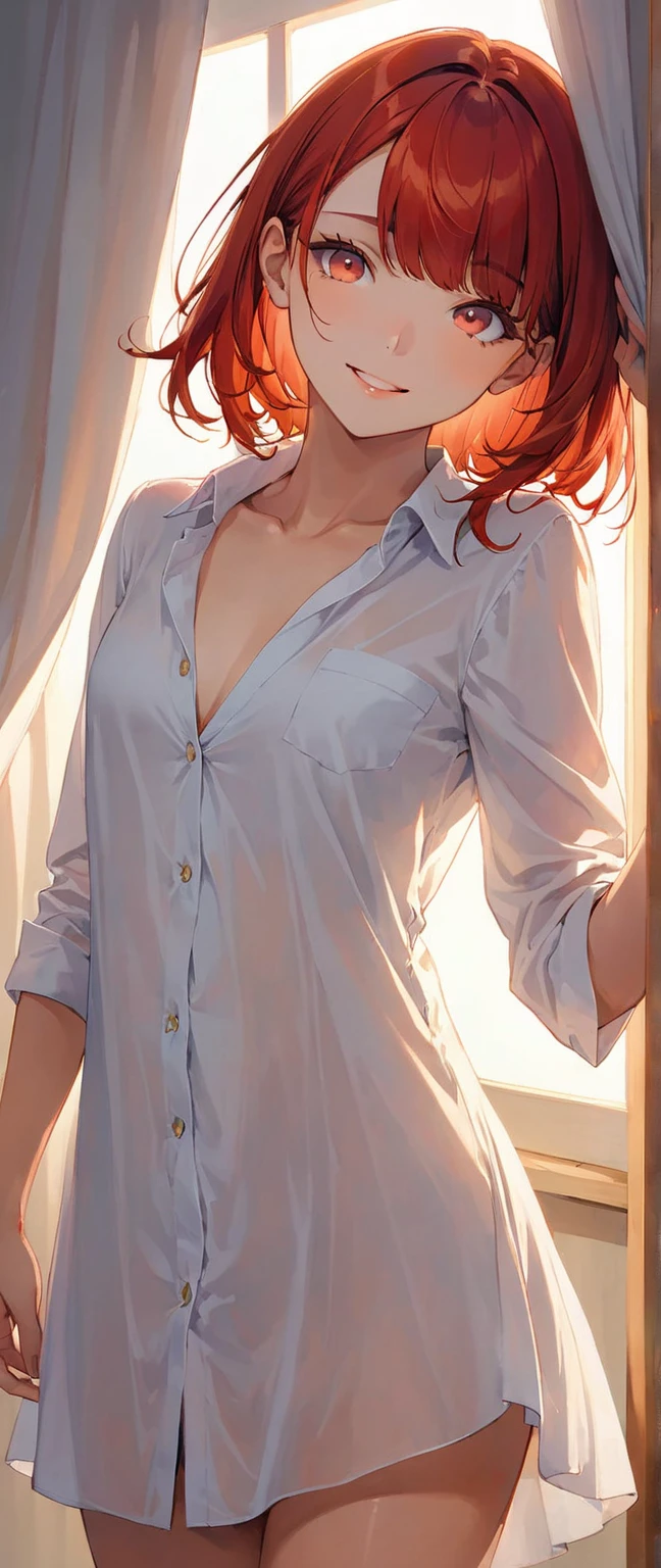 a gorgeous woman wearing a white silk shirt with a deep v neck, brown leather pants, and a belt, cinched waist, dramatic lighting, photorealistic, high fashion editorial, crimson hair, vampire