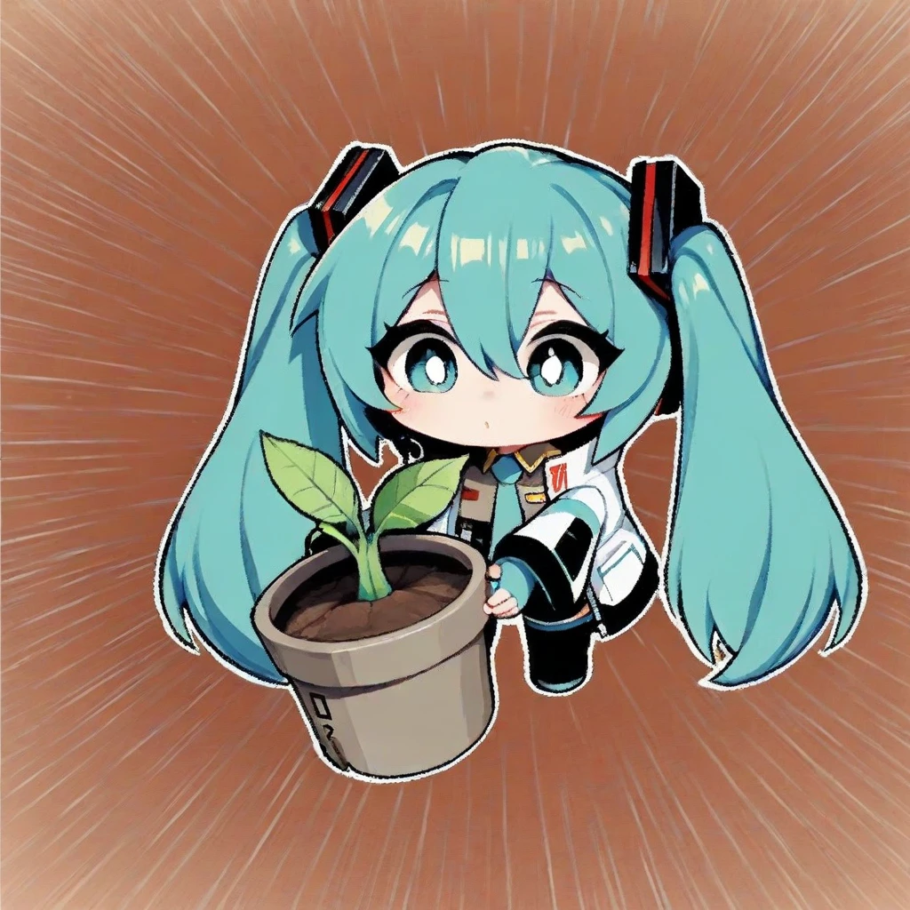 1girl\(miku hatune\(vocaloid,holding blown (empty:1.2) plantpot,from front,chibi\), background\(at world after extinction of mankind, apocalypse world, from hello planet\),masterpiece,best quality,