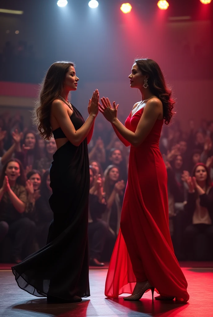 Isabela Merced and friend on the red carpet, (kissing:1.2), glamour dress, side boob, high heeled ankle boots, (skin texture:1.1), (high detail face:1.1), high detail body, high detail clotheasterpiece), (realistic), ultra high definition, 4k, ultra high resolution