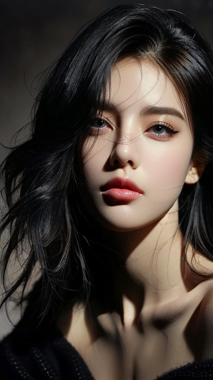 ((best quality, 8K, masterpiece :1.3)), very detailed, facing the camera head, intricately detailed, realistic, sharp features, very detailed, sharp focus, perfect face, perfectly symmetrical, perfect eyes, perfect lips, Flexible female form, cinematic, film light, very detailed, hyper realistic, masterpiece, atmosphere, high resolution, vibrant, dynamic studio lighting, NSFW, ((dark background)), sexy face, Facial expression when receiving joy, straight bangs, big bust, exposed cleavage, blue eyes, Black sweater, bare shoulders, look at the viewer, atmosphere perspective, volumetric lighting, clear focus, absurd solution, realistic 비율, good anatomy, (realistic,Hyper-realistic:1.37), 16k HD, information, ((full shot)), ((sexy pose)), (huge breasts:1.5)