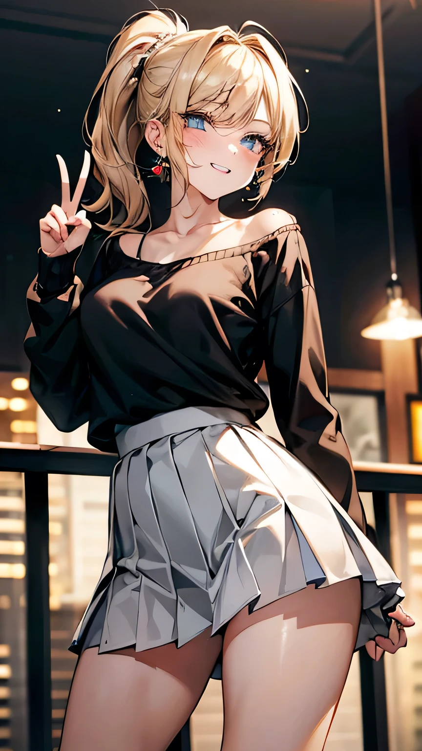 (Masterpiece :1.4, best quality ), Looking at the Audienc , mischievous smile, asymmetrical bang , Blonde , whole body, Front View:1.0, 1 girl, Perfect Face, Cute Symmetrical Faces , shiny skin, ( ponytail:1.8, Blonde), split bang , accurate 5 fingers, long lashes, beautiful hair, beautiful faces, beautiful detailed eyes, beautiful collarbone, beautiful body, beautiful breasts, beautiful thighs, Beautiful Legs, Beautiful fingers , miniskirt, Stud Earrings , girl doing a peace sign,Girl hitting her face , young and pretty girl, Woman wearing a skirt and sweater , wearing white skirt, white miniskirt, black sweater that has been hit, skirt, white skirt, pleated miniskirt, miniskirt, miniskirt, white skirt and barechest, skirt, Pleated skirt, miniskirt, short skirt, skirt short miniskirt, casual clothing style , well-styled ,Urban area,night