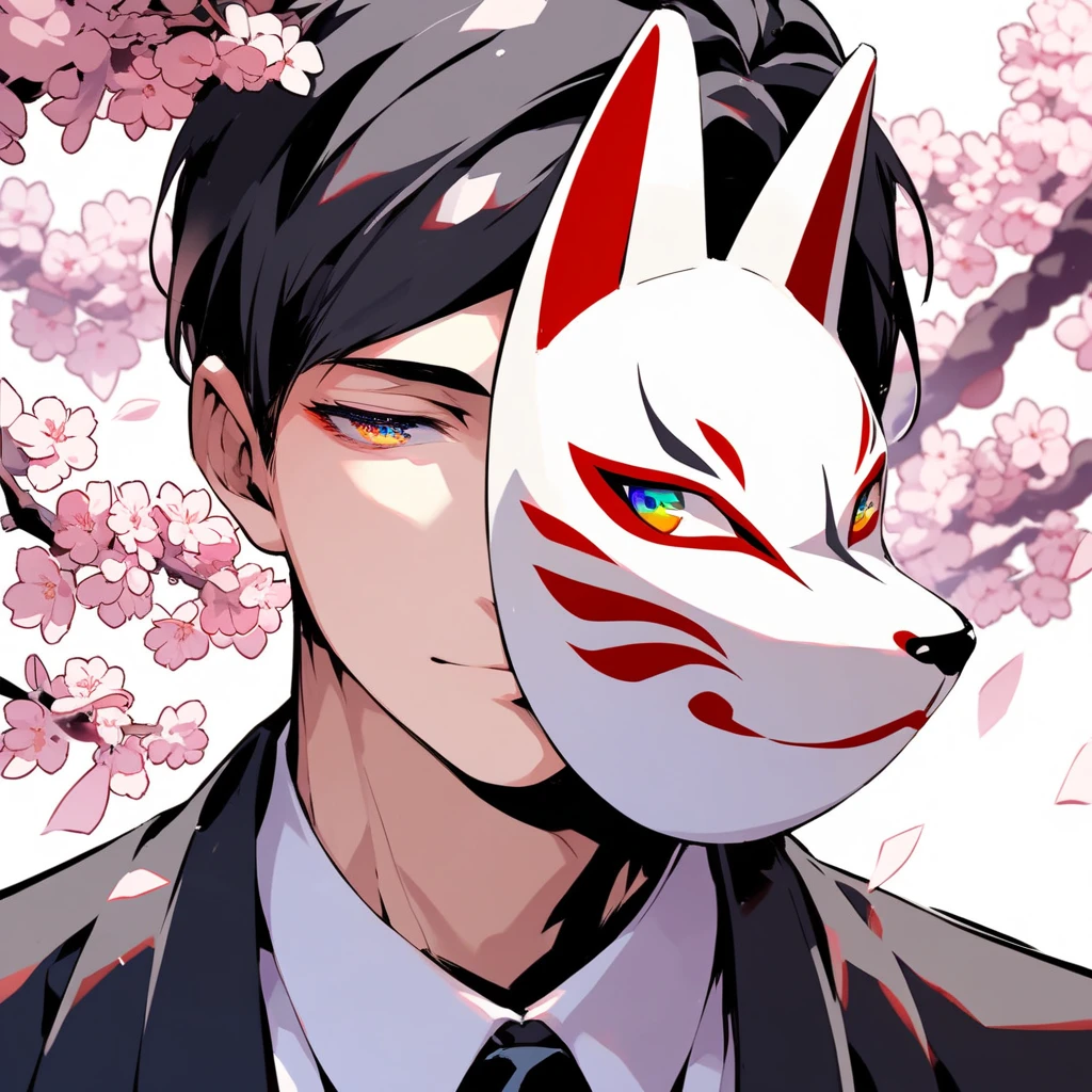 1boy, solo, portrait, black hair, swept bangs, black necktie, black jacket, white shirt, fox mask, cover your face with a mask, cherry blossoms, white fox on the background, half-closed eyes, contrast, professional quality, high resolution, high quality, [[multicolored eyes<reflection]], [[multicolored eyes<glass-like watercolor painting]], delicate writing,