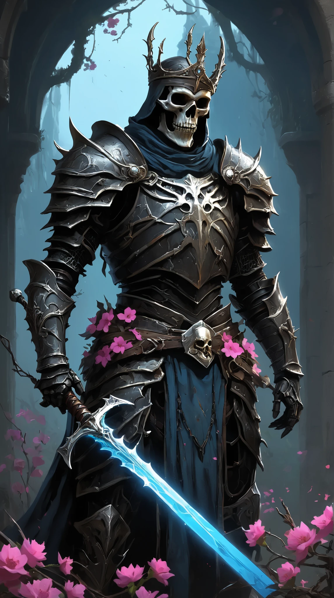 (concept art:1.3) of a skeletal knight, front view, {style of Marc Simonetti}, (game art), illustration, ribcage visible through tattered dark fabric, wearing blackened plate armor and a small crown of thorns on its skull, holding a sword with a glowing light blue blade, surrounded by stylized pink and blue flowering vines and thorny branches, (dramatic rim lighting) highlighting the bone structure and armor details, (dark fantasy art), cinematic, high-resolution image