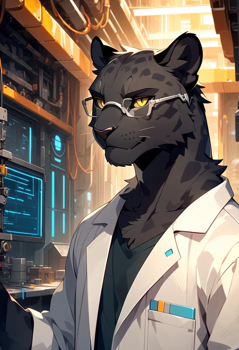 anthropomorphic black leopard with a black pelt wearing a worn lab coat with a t-shirt and grey sweatpants, yellow eyes, furry art, light novel art, detailed anime style, masculine, casual, cool, smirking, workshop background, handsome, engineer, corrective glasses, cyber theme, worker, rugged, young male leopard, detailed furry artwork, close up shot