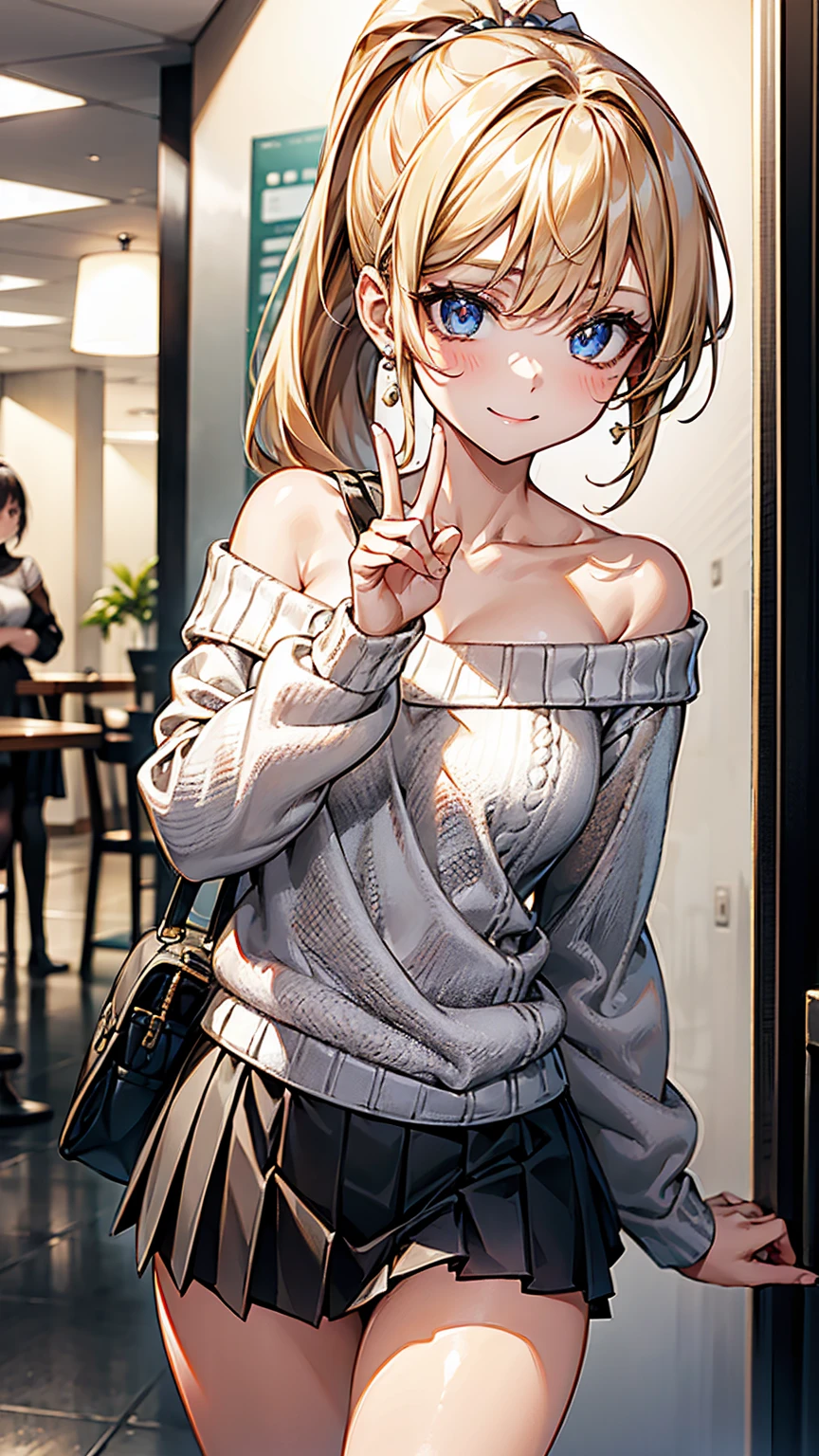 ((Best Quality)), ((masterpiece)), (detailed), 1 girl, off shoulder sweater,
girl sitting with a mini skirt , flat chested and sticking out tongue