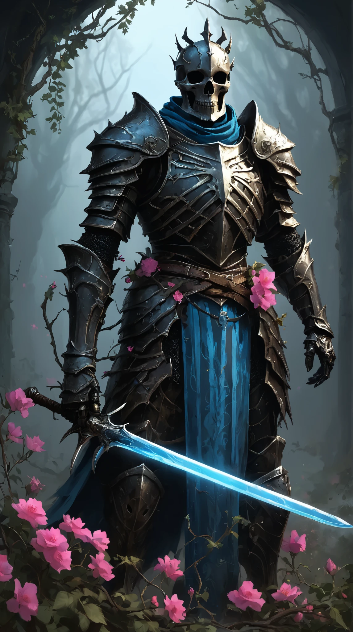 (concept art:1.3) of a skeletal knight, front view, {style of Marc Simonetti}, (game art), illustration, ribcage visible through tattered dark fabric, wearing blackened plate armor and a small crown of thorns on its skull, holding a sword with a glowing light blue blade, surrounded by stylized pink and blue flowering vines and thorny branches, (dramatic rim lighting) highlighting the bone structure and armor details, (dark fantasy art), cinematic, high-resolution image