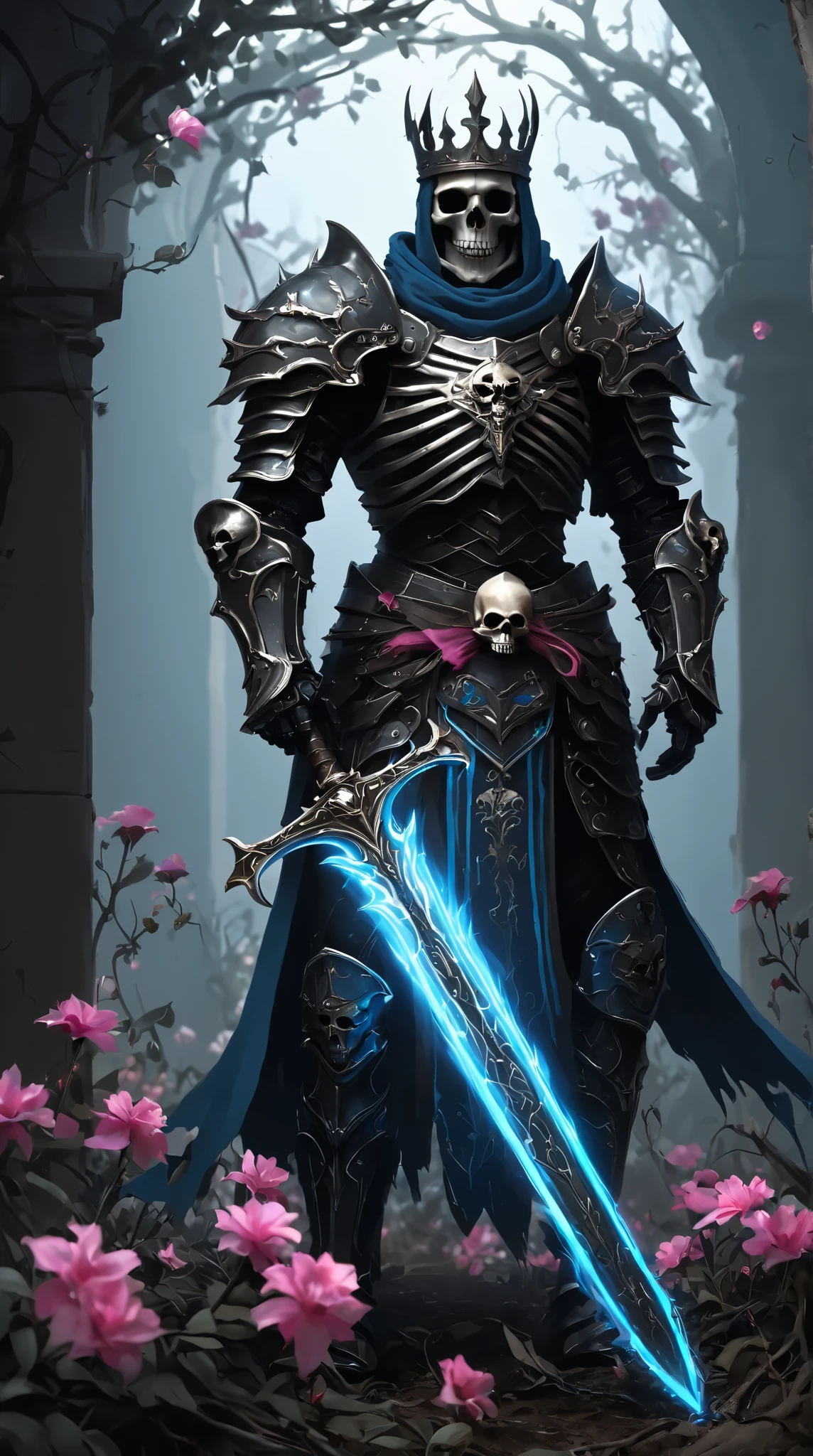 (concept art:1.3) of a skeletal knight, front view, {style of Marc Simonetti}, (game art), illustration, ribcage visible through tattered dark fabric, wearing blackened plate armor and a small crown of thorns on its skull, holding a sword with a glowing light blue blade, surrounded by stylized pink and blue flowering vines and thorny branches, (dramatic rim lighting) highlighting the bone structure and armor details, (dark fantasy art), cinematic, high-resolution image