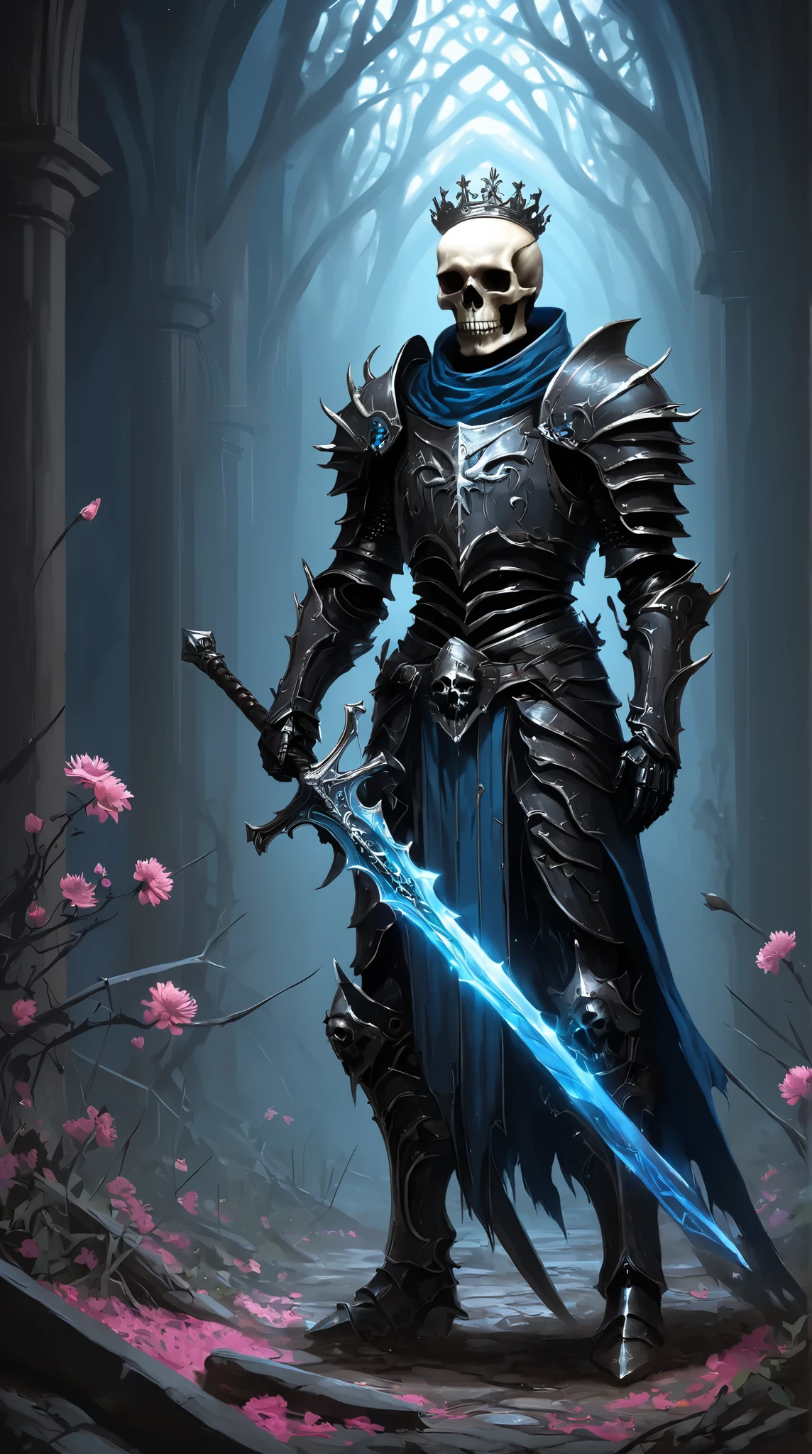 (concept art:1.3) of a skeletal knight, front view, {style of Marc Simonetti}, (game art), illustration, ribcage visible through tattered dark fabric, wearing blackened plate armor and a small crown of thorns on its skull, holding a sword with a glowing light blue blade, surrounded by stylized pink and blue flowering vines and thorny branches, (dramatic rim lighting) highlighting the bone structure and armor details, (dark fantasy art), cinematic, high-resolution image