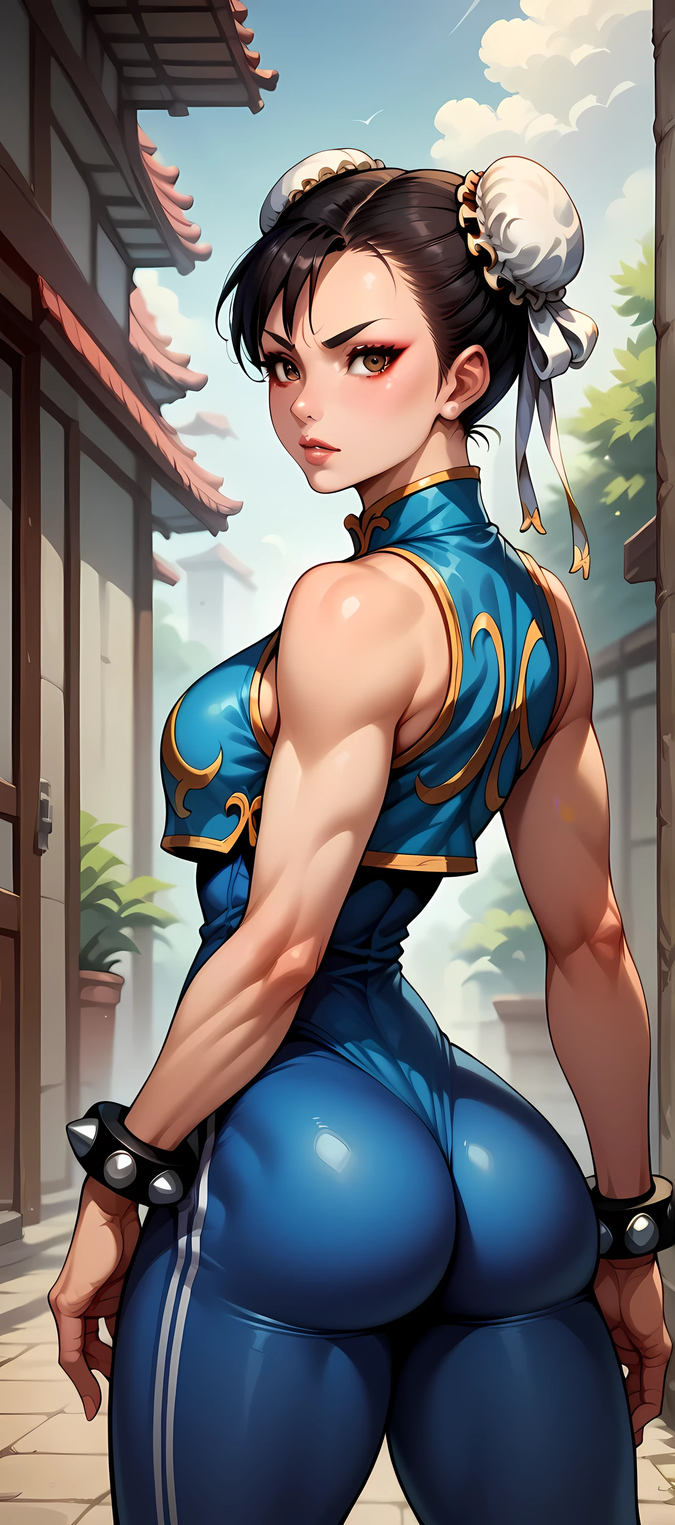 score_9, score_8_up, score_7_up, BREAK, score_9, 1girl, chun-li (\street fighter)\, black hair, brown eyes, makeup, eyelashes, short hair, breasts, looking at viewer, standing pose, lips, alpha_costume, blue bodysuit, blue leotard, blue vest, sleeveless, cowboy shot, ass, from behind,