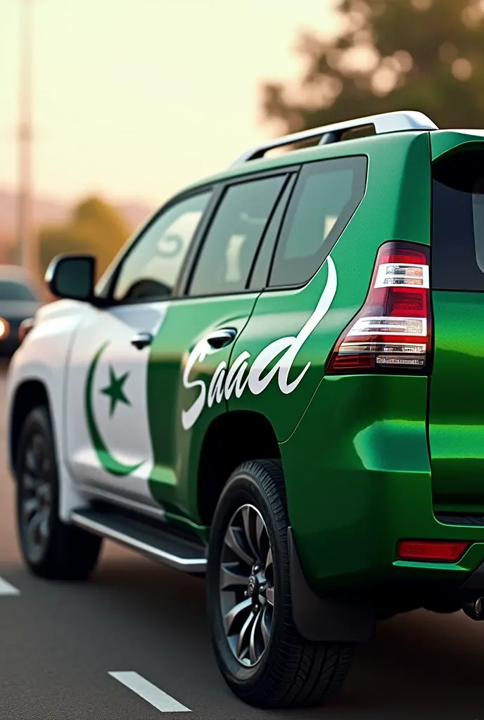 Generate pakistan flag on prado and saad name writen on flag 