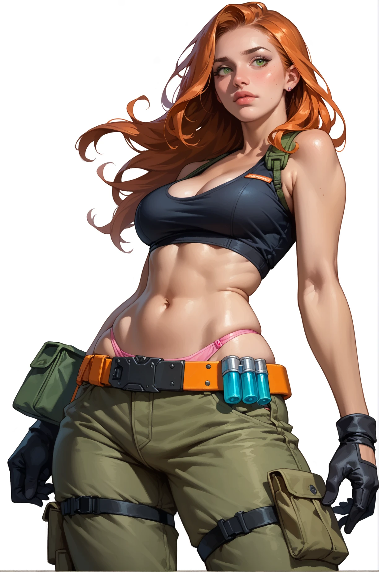 score_9, score_8_up, score_7_up, cartoon of a girl, solo, sexy, slutty, (brown skin), green eyes, orange hair, straight long hair, black gloves, utility belt, cargo pants, black sleeveless, cleavage, navel, small breast, pink panties strings, wide hips, grabbing, standing with legs spreading, dynamic angle, white background
