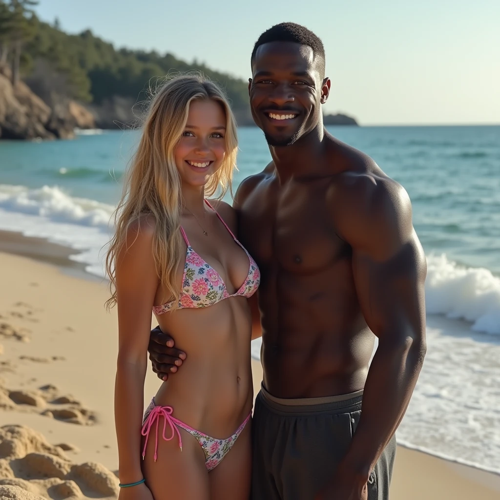 Magnificent detail, 8K Photos, hyper- realism, realistic background, visual depth, wide angle lens, professional light. {The scene shows a tall, strong black man, brawny, manly, masculine, 1,93m high, wearing white swim trunks, greatly enhancing the volume of your erect penis. Penis with erection. Carrying a beautiful 23-year-old natural blonde in his arms, short, 1,56m, delicious. she wears a red bikini.