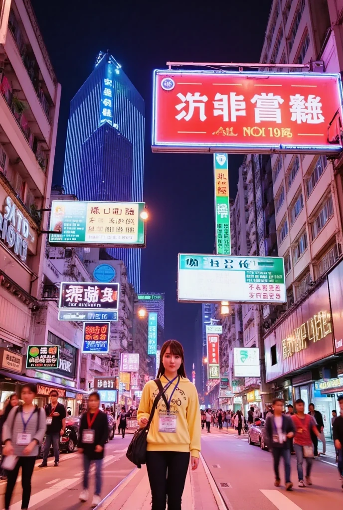 ((Pixel characters)), Lighting show in hong kong night, view from hongkong street, one girl visit in honghong