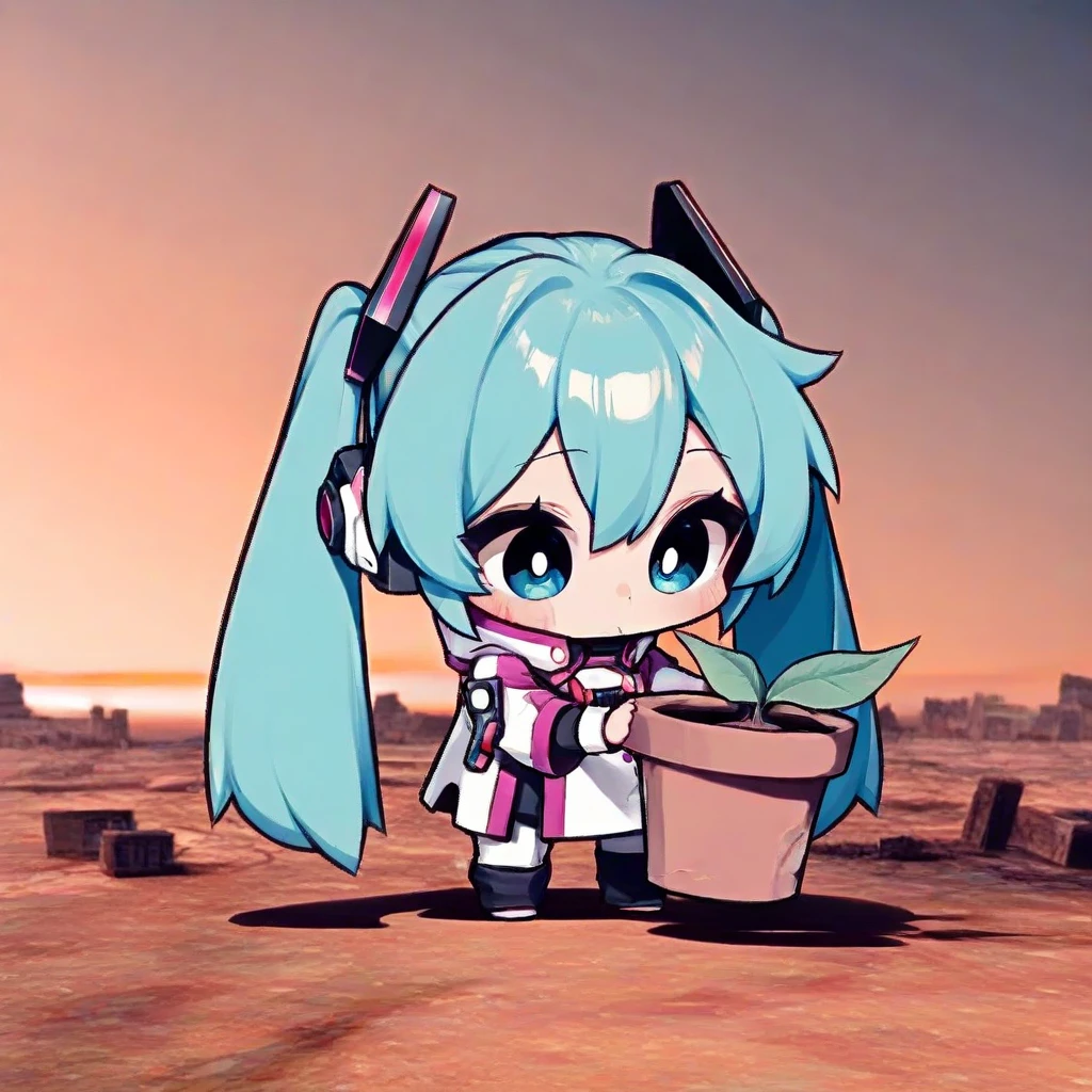 simple 8-bit pixel art, 1girl\(miku hatune\(vocaloid,holding blown plantpot\(empty,blank\),from side,chibi,full body\) walking the world after extinction of mankind, apocalypse world, from music hello planet,NES game screen, with a row of hearts at the top indicating remaining lives