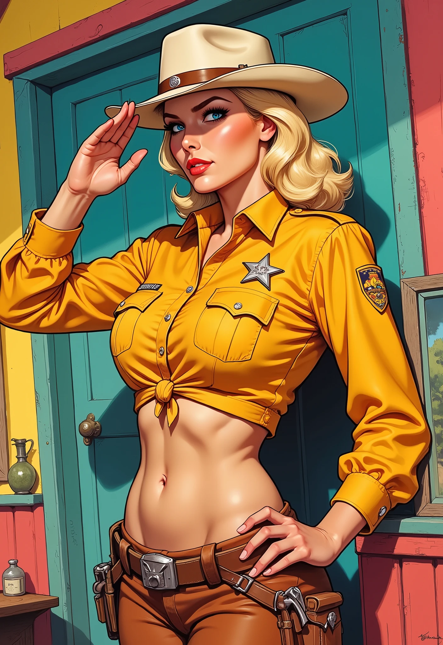 1940's pop art。beautiful blonde female sheriff。Short shirt。Sheriff Badge。The hem of the shirt is tied。I can see my belly button。Pistol。 saluting 。