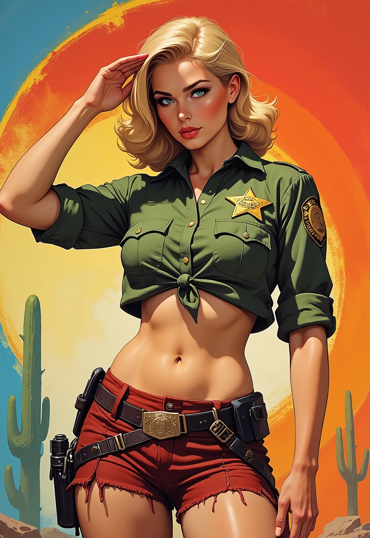 1940's pop art。beautiful blonde female sheriff。Short shirt。Sheriff Badge。The hem of the shirt is tied。I can see my belly button。Pistol。 saluting 。