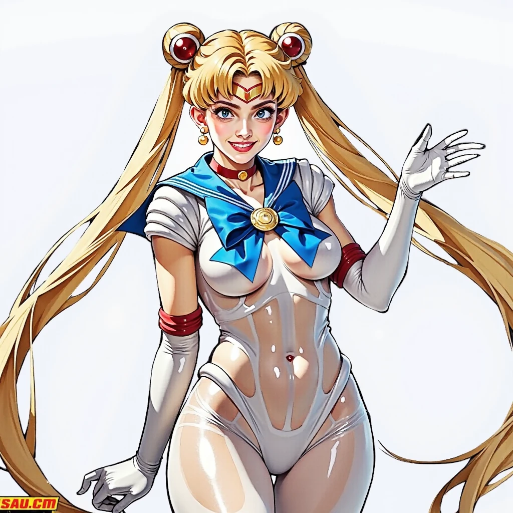 tsukino usagi, sailor moon, sailor moon,1girl, breasts, solo, blue eyes, choker, blonde hair, long hair,, twintails, transparent white bodysuit, double bun, sky, blue sailor collar, cameltoe,  very long hair,  curvy,,transparent bodysuit future ,happy smile, lips, (future city new dawn),