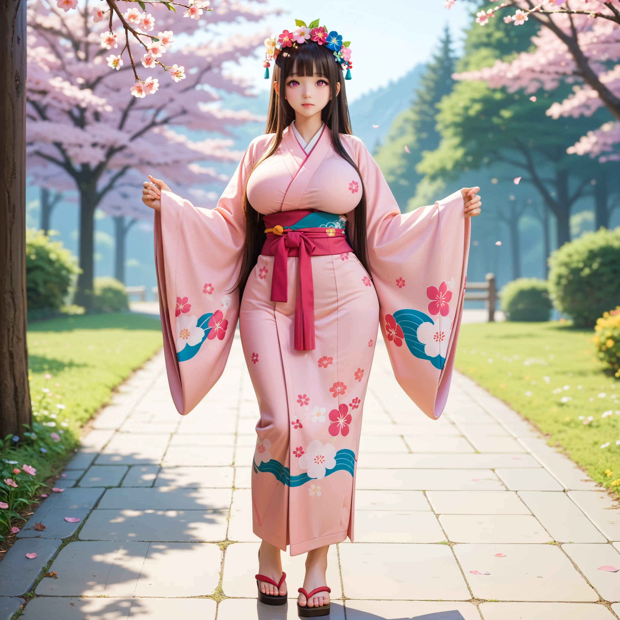 1girl, japanese, solo, very long brown hair, blunt bangs, pink eyes, huge breasts, narrow waist, wide hips, thick thighs, pink kimono, flower print, flower crown, cute, standing, full body, looking at viewer, sakura trees background, from the front view, high quality, HD, 8K, highly detailed, masterpiece, high resolution, beautiful art, detailed face, detailed