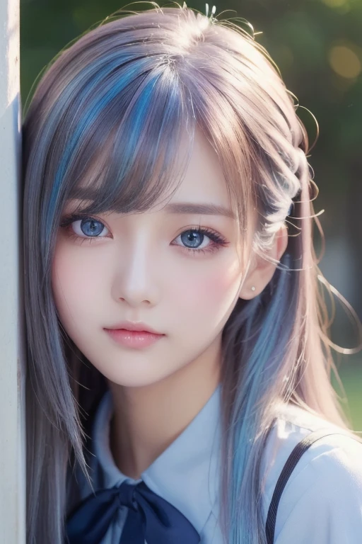 (  Details beautiful eyes and   Details face, masterpiece side light, masterpiece,  top quality ,   Details,  High Resolution Illustration ), ( 1 girl,  beautiful girls,  Shiny Skin,  Look Down,  Watch Viewers ), (  long sky blue hair , pink eye,  skirt , ribbon,  button-down shirt ) 45 degrees,  top view ,   sideways, (Hand Details )