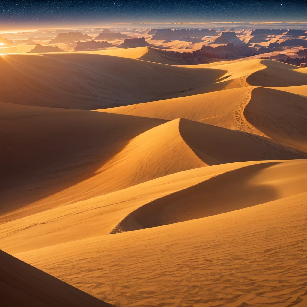 ((HDD)) (( realistic )) ((8K)) Create a landscape of large dunes in the middle of the desert night: a palette of sand colors, ocher, oranges, Grand Canyon, Desert 