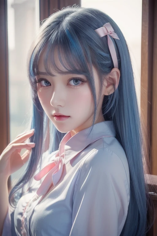 (  Details beautiful eyes and   Details face, masterpiece side light, masterpiece,  top quality ,   Details,  High Resolution Illustration ), ( 1 girl,  beautiful girls,  Shiny Skin,  Look Down,  Watch Viewers ), (  long sky blue hair , pink eye,  skirt , ribbon,  button-down shirt ) 45 degrees,  top view ,   sideways, (Hand Details )