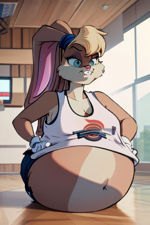 (masterpiece, best quality), 1girl,  lolabunny, furry, white shorts, white gloves, tank top, sportswear, animal nose, spherical inflation