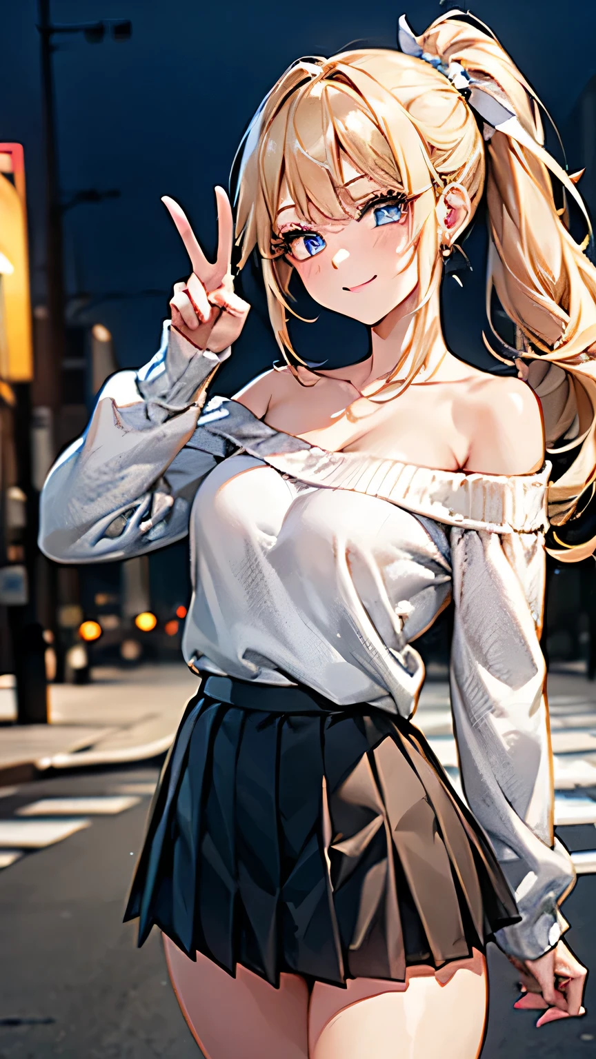 (Masterpiece :1.4, best quality ), Looking at the Audienc , mischievous smile, asymmetrical bang , Blonde , whole body, Front View:1.0, 1 girl, Perfect Face, Cute Symmetrical Faces , shiny skin, ( ponytail:1.8, Blonde), split bang , accurate 5 fingers, long lashes, beautiful hair, beautiful faces, beautiful detailed eyes, beautiful collarbone, beautiful body, beautiful breasts, beautiful thighs, Beautiful Legs, Beautiful fingers , miniskirt , Stud Earrings , girl doing a peace sign,Girl hitting her face , young and pretty girl, Woman wearing a skirt and sweater , wearing white skirt, white miniskirt , off-shoulder sweater , black sweater that has been hit, wearing skirts , white skirt, pleated miniskirt , miniskirt , miniskirt , white skirt and barechest, wearing skirts , Pleated skirt, miniskirt , short skirt, wearing skirts short miniskirt , casual clothing style , well-styled ,Urban area,night