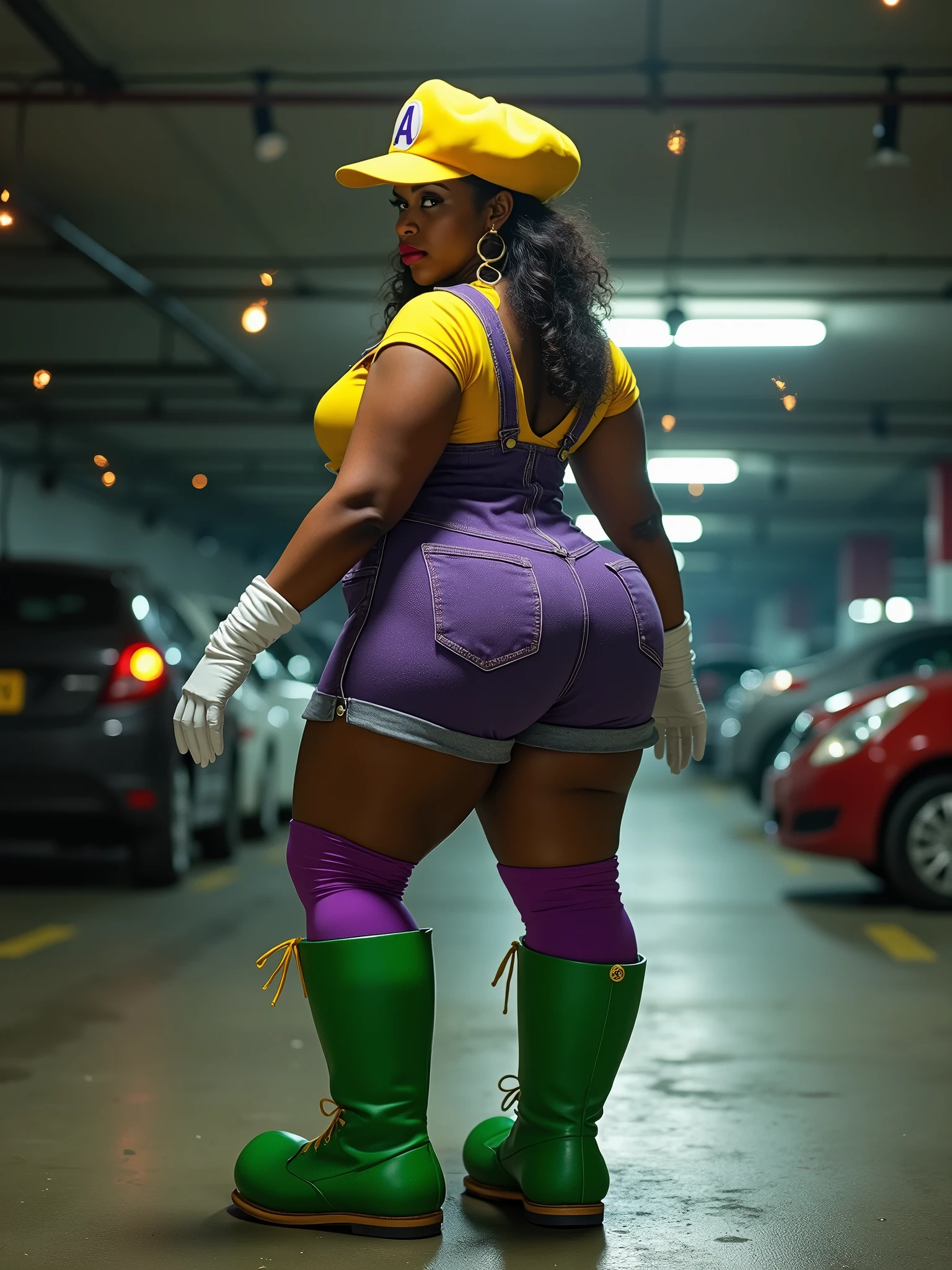 Close-up of a woman in a green dress and black tights, Shapely butt, Plus Size, thick, Butt Shape, thick, Widest Hips, Abnormally enlarged hips, Buttocks emphasized curvaceous, Shapely and firm ass, Back view. Parrot iem, well-shaped buttocks, Plus Size woman