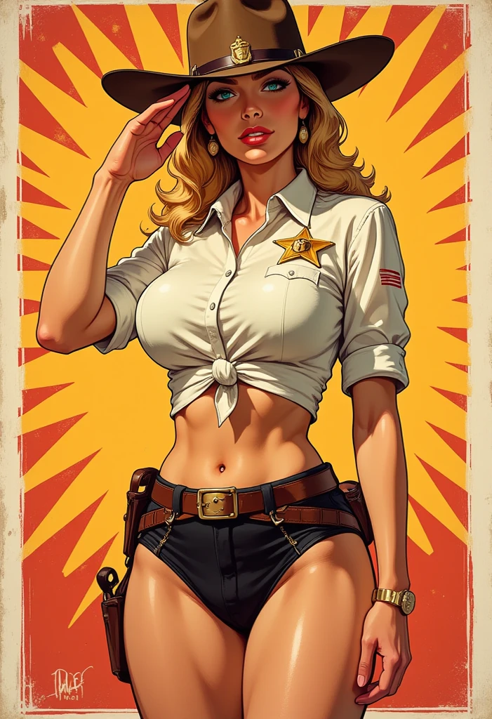 full body。1940's pop art。beautiful blonde female sheriff。Short shirt。Sheriff Badge。The hem of the shirt is tied。I can see my belly button。 saluting 。