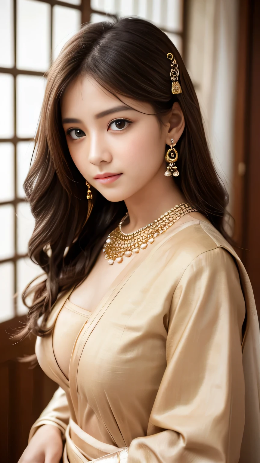 Top image quality、8K、​masterpiece：1.3))、Realistic high-quality photos、top-quality、girl cute-fine face、 beautiful Japan girl、Photo of slim  model、Beautiful girl model、young japanese girl、Young cute face、japanaese girl、 female model、Beautiful Model Girl、The innocent look of the girl next door、lovely delicate face、Brown hair、Beautiful brown eyes、Tear bag、drooing eyes、young body、Designer Jewelry, Traditional saris of Cleopatra fabric from top to bottom, Full body standing camera weive beauty pose, big size breast 