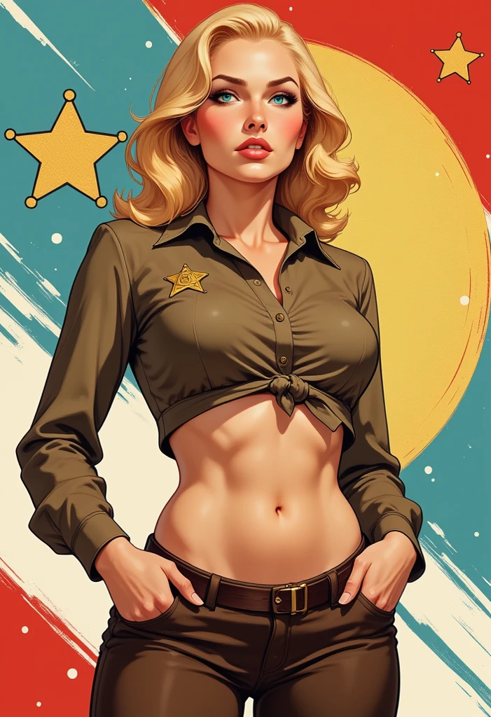 full body。1940's pop art。beautiful blonde female sheriff。Short shirt。Sheriff Badge。The hem of the shirt is tied。I can see my belly button。 