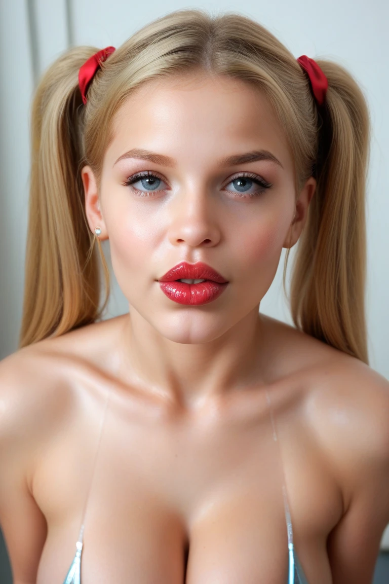 Sexy teen schoolgirl, portrait, full front view, facing viewer, looking up at viewer, downview, blonde hair, pigtails, perfekt round boobs, cleavage, micro bikini, topless, big lips, red lipgloss, expecting expression, light eye make-up, mari kruchkova