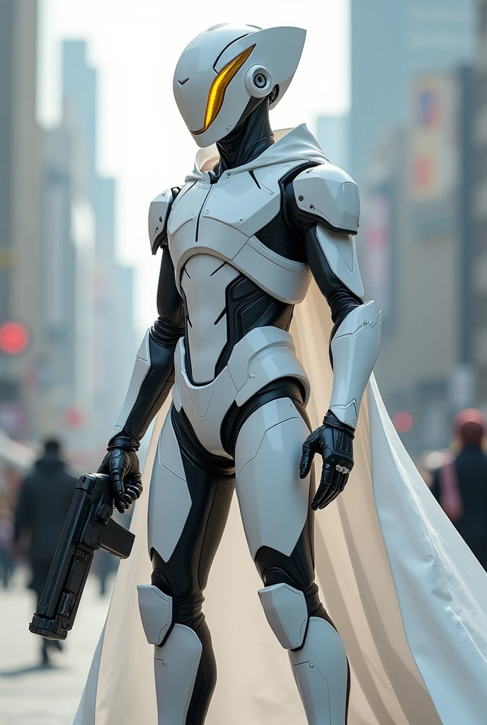 An ultrarealistic photograph of an enormous minimalist white sci-fi full body power suit, without lights, made of white metal and polymer, full crystal hull, for a muscular man, with a red long cape, imposing, modern minimalism, elegant, dystopia, mysterious, in a white room, 8k