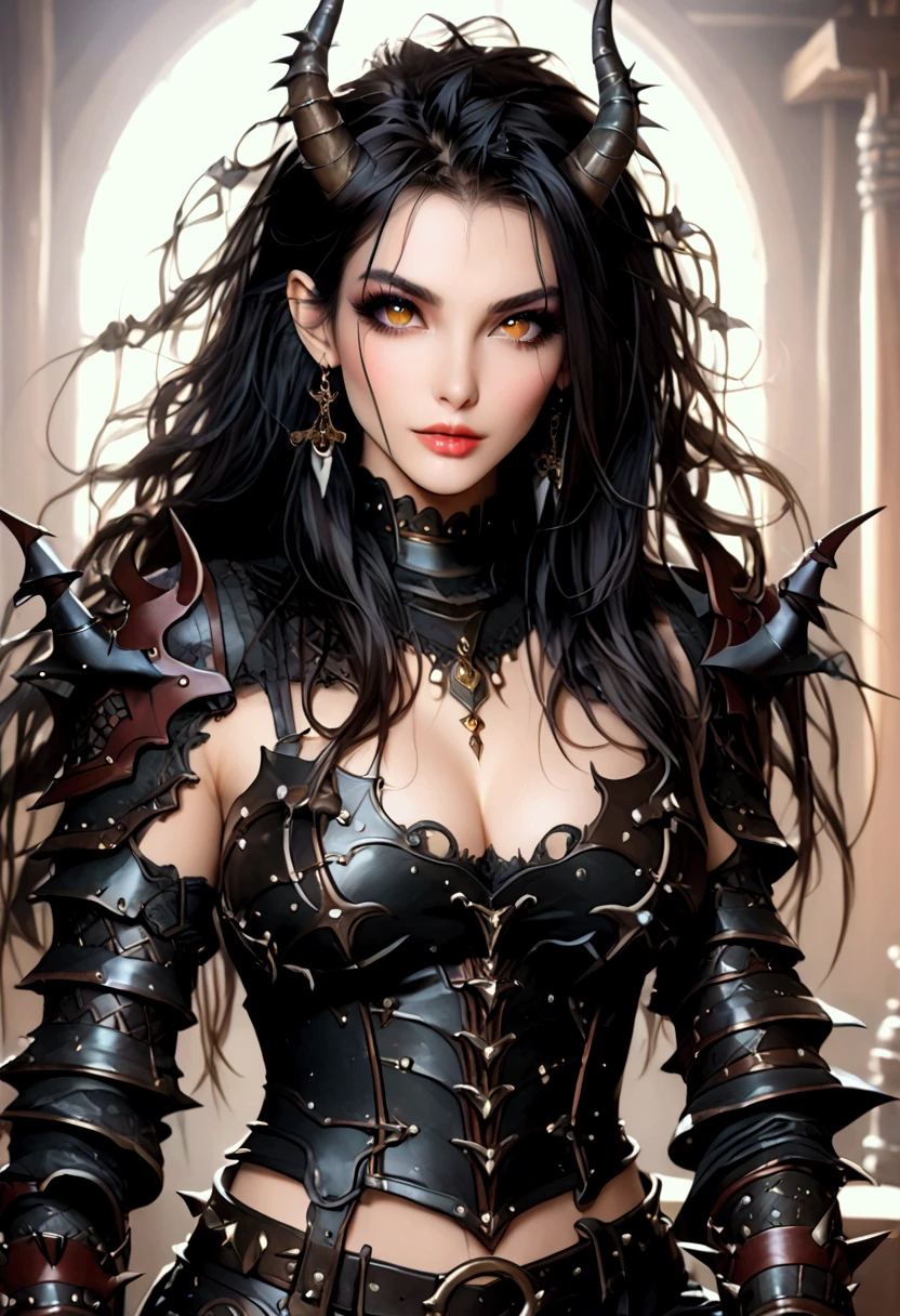 Create an image of the most stunningly gorgeous beautiful kijin, Stunningly gorgeous perfect face,  perfect makeup, detailed perfect silky smooth skin texture, detailed hour glass body figure, very long styled hair,  (black kijin armor spiked), ((underboob))), long sexy horns, 