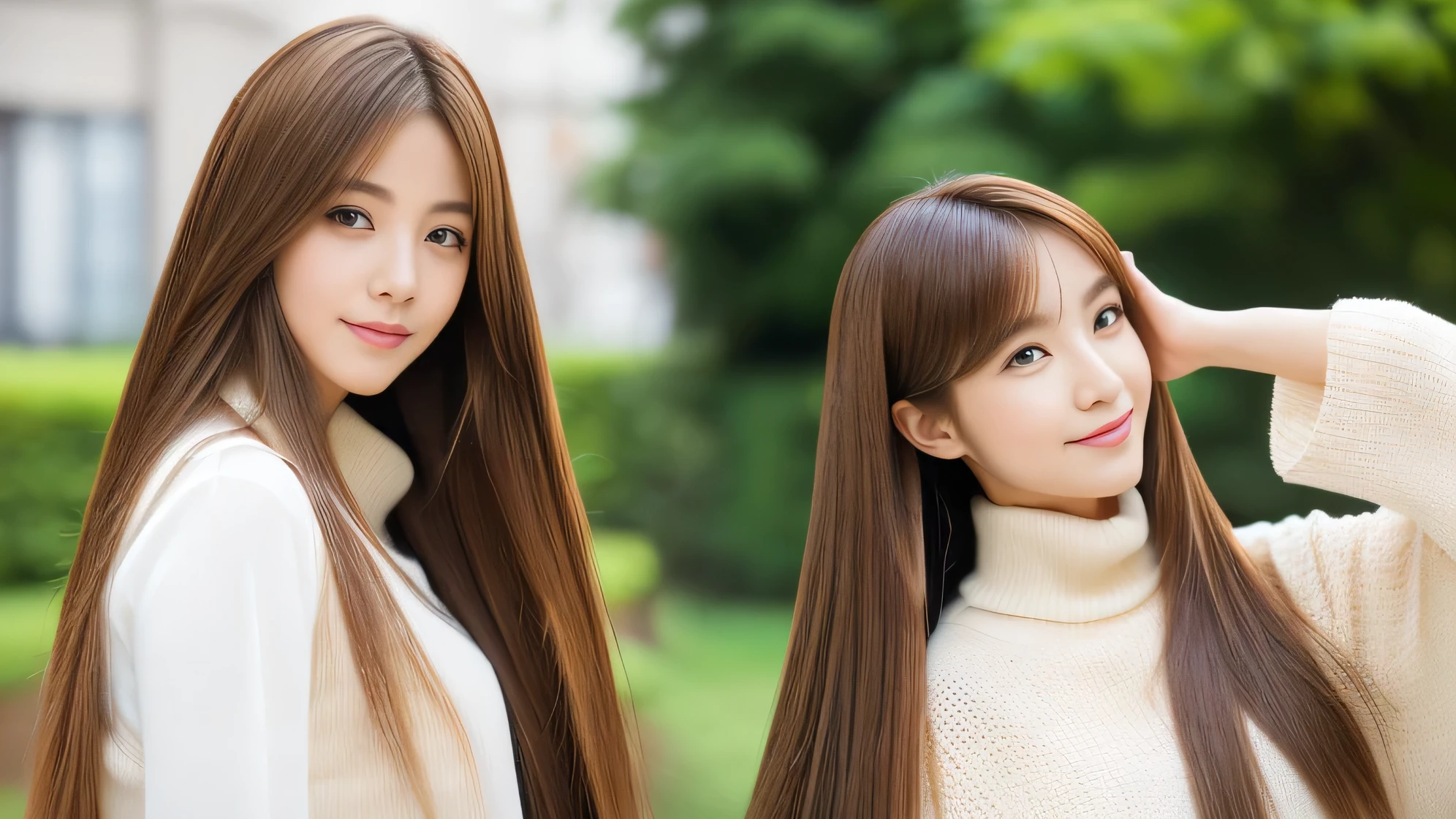 (((A photo of two people standing side by side:1.4))) (two women with length brown hair posing for a picture, thin and shiny hair, Ulzzang, long and straight hair of brown color,, Brown long hair, beautifulgemini portrait, Brown long hair, beautifulgemini, length Hair, Smooth Hair, Flowing brown hair, With the same hairstyle, length, Flat Hair, length brown hair, Attractive long hair, Beautiful brown hair Two women with long brown hair posing for a photograph, Digital Art inspired by Wang Duo, tumbler, Digital Art, thin and shiny hair, Ulzzang, long and straight hair of brown color,, Brown long hair, beautifulgemini portrait, Brown long hair, beautifulgemini, length Hair, Smooth Hair, Flowing brown hair, With the same hairstyle, length, Flat Hair) ((both sides Random poses showing as much back and hair as possible:1.8)) ((Both sides Beautiful 24 year old hair model with long black hair, girl with super Very long hair that reaches down to the ankles, extremely Very long hair that reaches down to the ankles, Very long hair that reaches down to the ankles,Very long hair that reaches down to the ankles , Flowing Hair, very Very long hair that reaches down to the ankles, Very long hair that reaches down to the anklesgirl,Very long hair that reaches down to the ankles , flowing light brown hair, length Hair windy, Very long light brown hair, flowing light brown hair,Incredibly straight long-lasting hair, Abnormally long髪!!!! Her highest quality!!!! hair is long and straight., very long light brown hair that reaches down to the ankles, highest quality light brown hair , , Highest quality long straightなVery long hair that reaches down to the ankles straight, beautiful, High quality hair, Very long hair that reaches down to the ankles and highest quality straight light brown hair, straight, highest quality light brown hair, Perfect silky straight hair of the highest quality, straight, highest quality light brown hair , lengthLight brown hair straight hair, length, Thick and voluminous light brown hair Her hair is long and straight, Very long light brown hair, Abnormally long、or extremely long light brown hair, very long, straight, Light brown hair that reaches down to her ankles, Abnormally very long straight, beautiful hair of the highest quality, length Hair, length, straight light brown hair ,Extraordinarily very long light brown hair that lasts forever and free straight light brown hair , straight light brown hair)) (Both sides bangs are perfect.:1.3) (Japan's most sexy and beautiful 24-year-old beauty model) (Both sides They look at the viewer with a very captivating expression...) ((highest quality)), ((masterpiece)), (Familiar) (Get used to it) Perfect Face (both sidesHer skin is a typical Japanese skin color. And very detailed) (Both SidesBig Tits:1.3) (both sides She is wearing a beautiful shiny white camisole.) (both sides She has a beautiful face and a typical Japanese figure...., Narrow eyes) (both sides She has perfect beautiful and sexy makeup and face Lipstick is light red A solid eyeliner) ((Rich 1.4)) (Very detailed)
