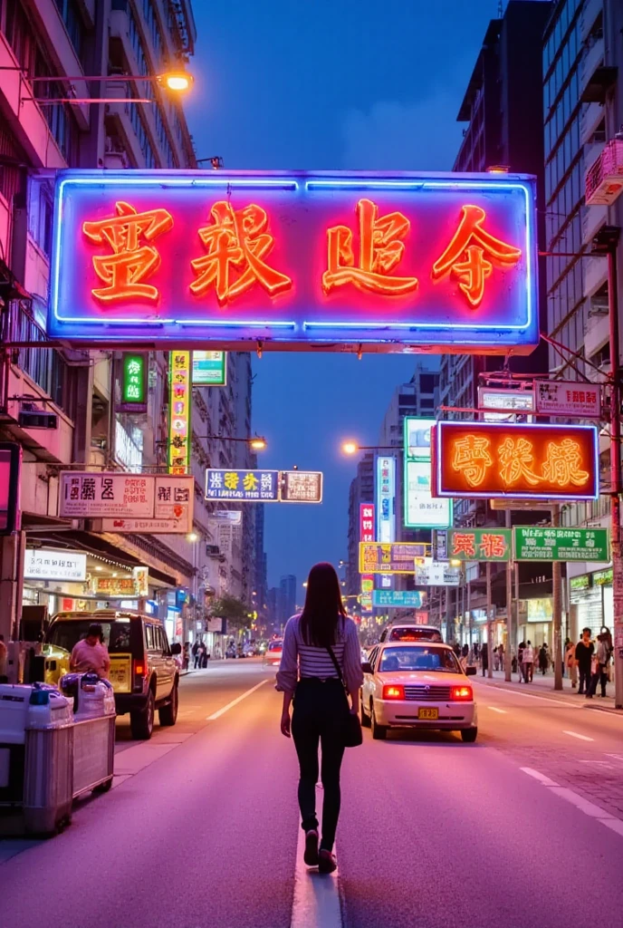 ((Pixel characters)), Lighting show in hong kong night, view from hongkong street, one girl visit in honghong