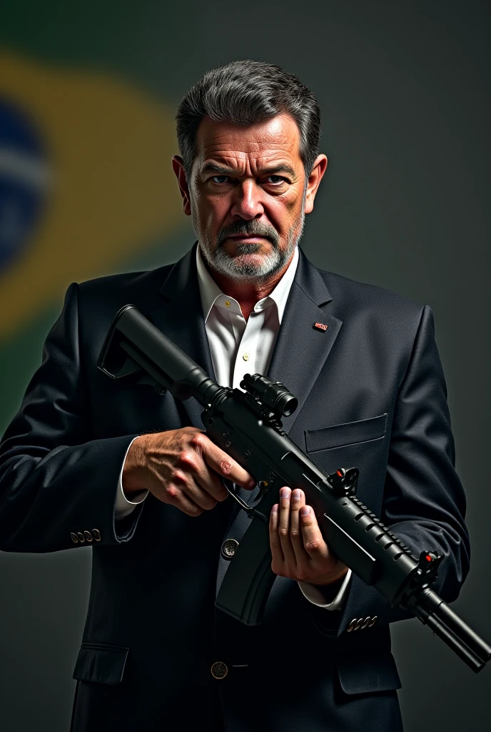Bolsonaro making the L with his left hand, holding a gun with his right hand 