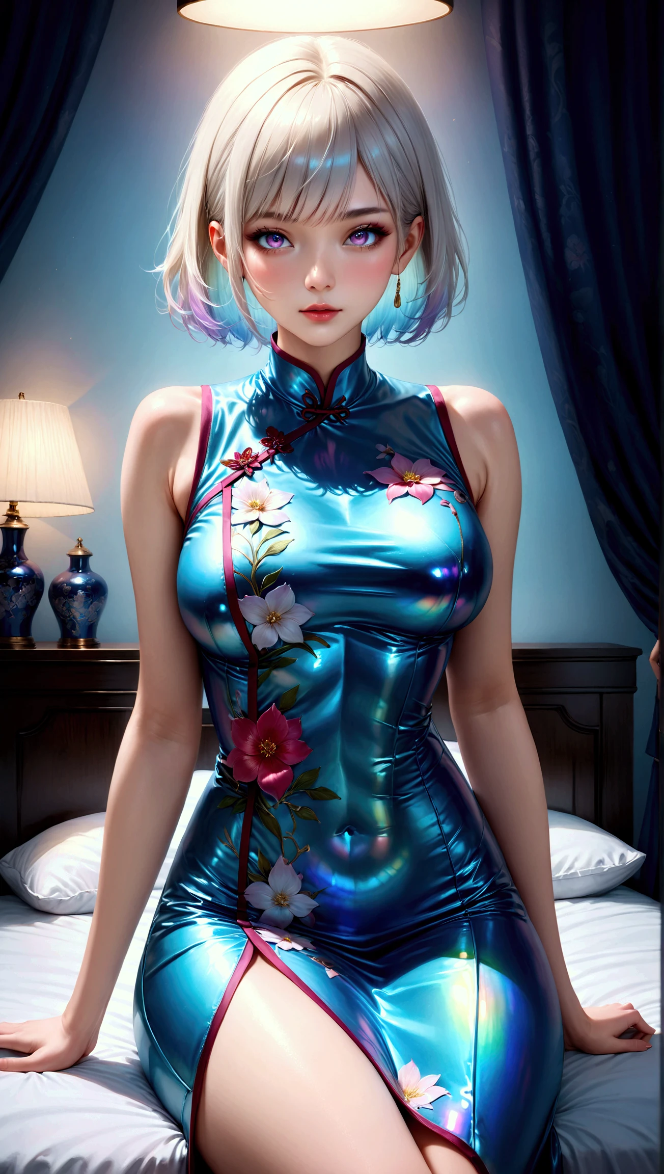 (((NSFW))), One Girl, spy, All-deep blue skin-tight latex china dress, (((Bare nipples cheongsam dress))):1.5, (((ksak))), (((shiny silky dark blonde hair))):1.5, double bun, low twintails, hair ornament, china dress, open jacket, black gloves, (((bursting pointy AA Cup Breast))):1.5, (((flat chest  girl))):1.5, Slim Abs, (((Extremely delicate facial and skin texture))):1.5, Beautiful  child with perfect figure, Representation of the beauty of the nude body, Rubber-like clothing, (((very Sharp dark blue Eyes))):1.5, highest quality, (((masterpiece))), (((Ultra-high resolution))), (((ultradetailed))), (((symmetrical face)))*1.5, ｋ