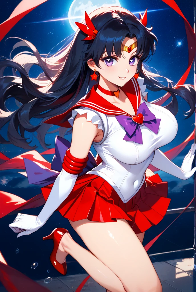 ((((High resolution, Intricate details, masterpiece, 8k, from front)))), (((beautiful, Sailor Mars, Low rise, dancing))), ((One Woman, laughing, smile, Big Breasts, Large Breasts, Huge Saggy Tits)), (Black Hair, Beautiful forehead, Long Hair, ponytail, Cleavage, Chubby, Glowing Skin), from front, looking at viewer, look at viewer, town, Main Street, night