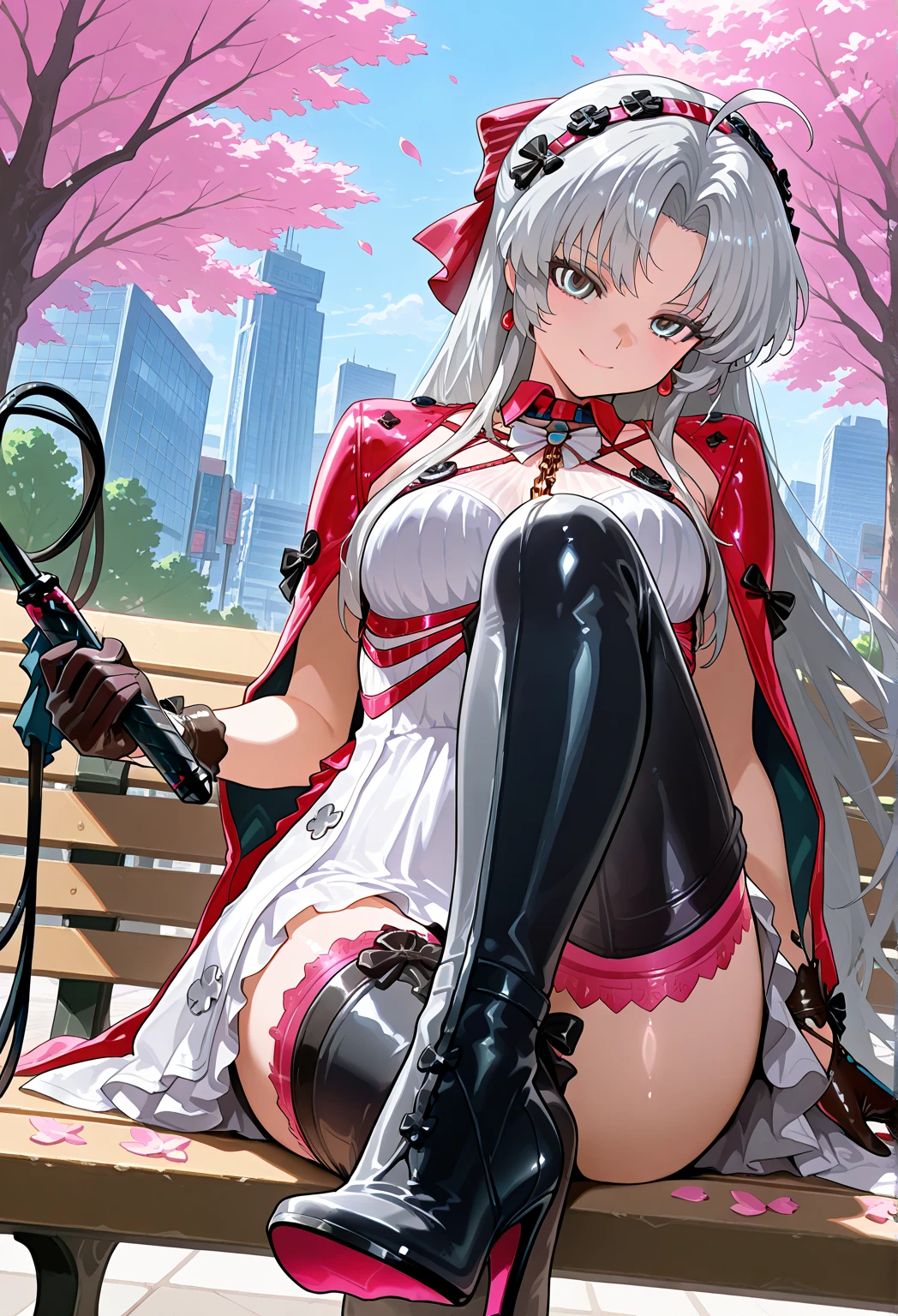 masterpiece,best quality,absurdres, amazing quality, shiny skin,
tokyo \(city\), park, cherry blossoms, falling petals, cowboy shot, smile, looking at viewer, sitting, park bench, on bench, crossed legs, 
carlottailvp, 1girl, long hair, dress, parted bangs, grey hair, gloves, black gloves, ahoge, white hair, white dress, jewelry, bow, earrings, blue eyes, hair bow, thighhighs, medium breasts, (black flowers hairband), very long hair, (red hairband), grey eyes, multicolored eyes, thigh boots, pink thighhighs, thighhighs under boots, high heel boots,((high heel soles)), dominatrix, bondage outfit, whip, holding whip, latex gloves, latex corset, latex panties,disgusted face,